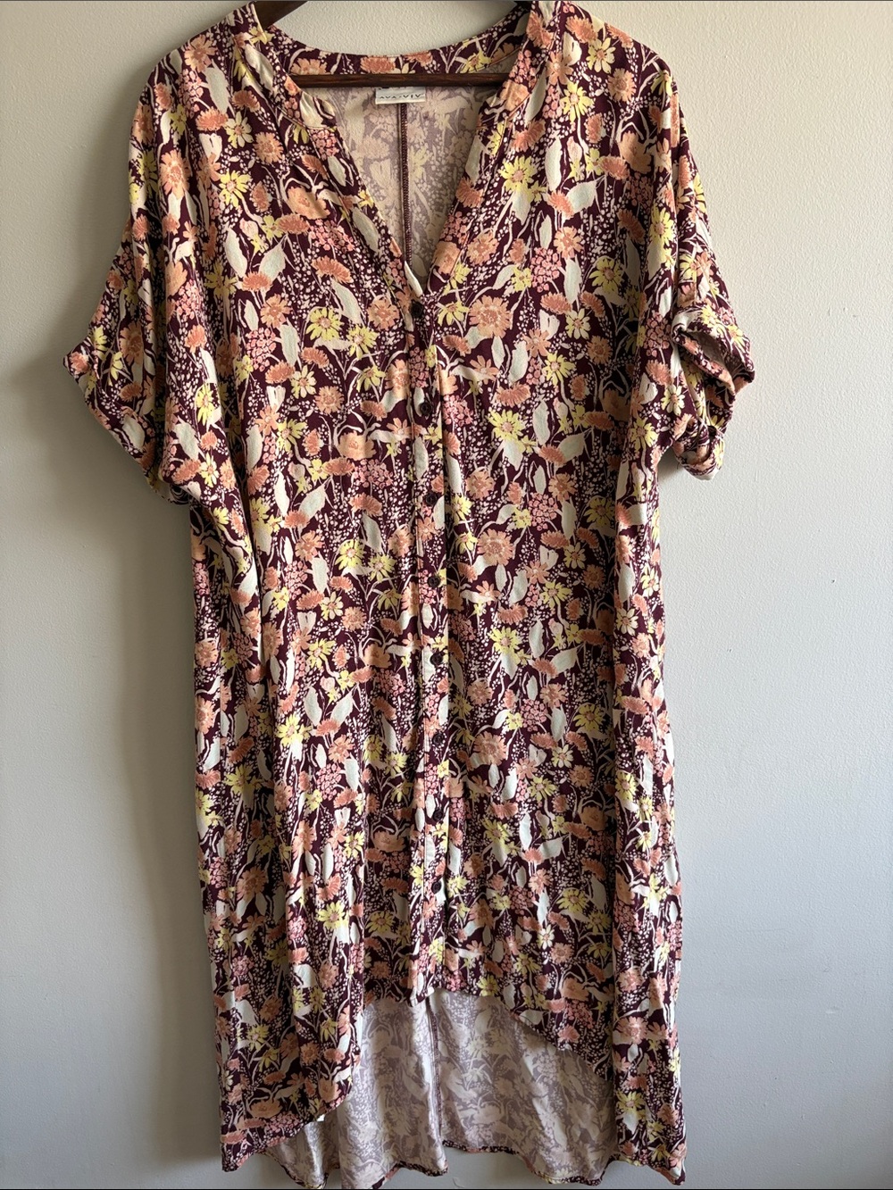 Ava & Viv Floral High Low Shirt Dress Plus Size 1X Burgundy Peach